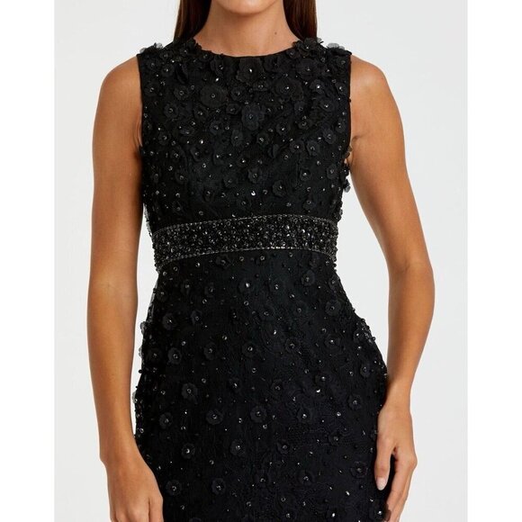 Mac Duggal Size 14 Black 67853 Floral Applique Sleeveless Midi Cocktail Dress - Picture 3 of 12
